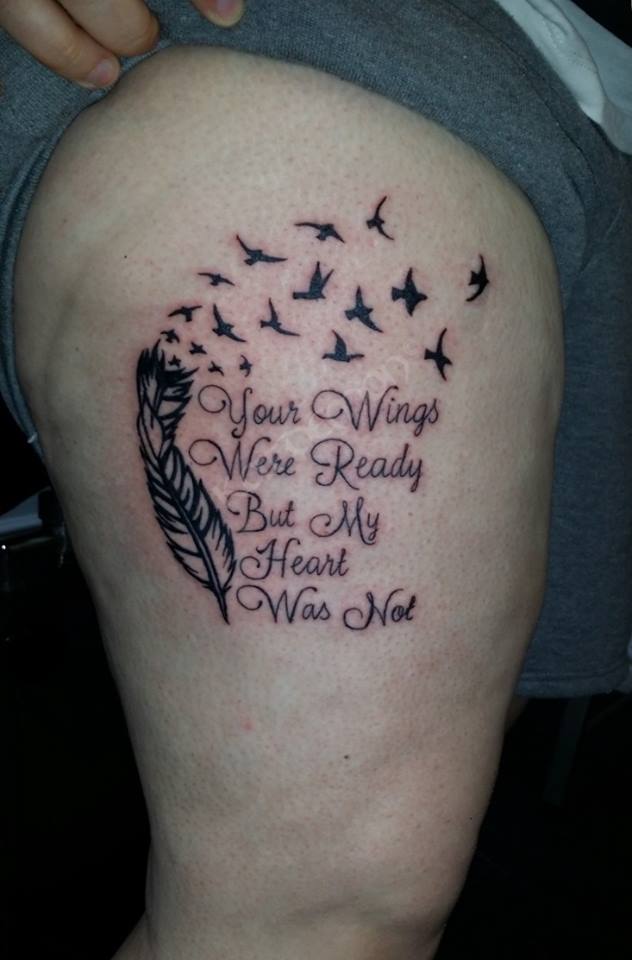 feather, birds and quote tattoo